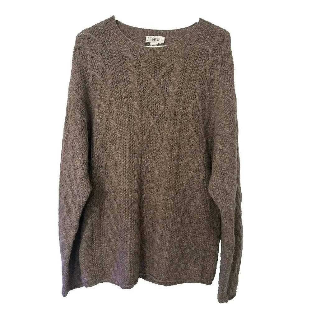 J.Crew Wool Cable Knit Crewneck Sweater Mens Small Brown Oversized